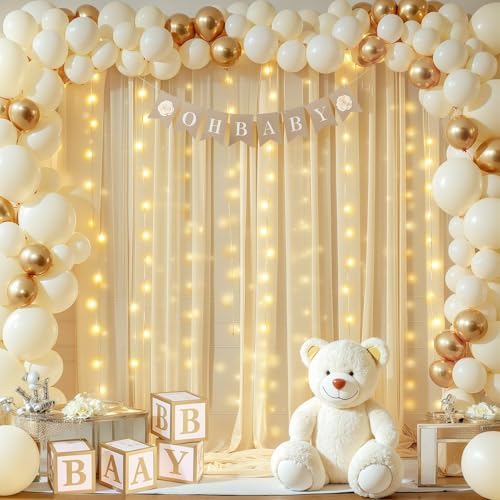 10x10ft Champagne Tulle Backdrop Curtains with Lights String for Parties, Wrinkle Free Sheer Curtain Wedding, alternate view