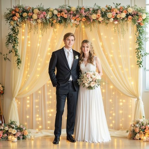 10x10ft Champagne Tulle Backdrop Curtains with Lights String for Parties, Wrinkle Free Sheer Curtain Wedding, alternate view