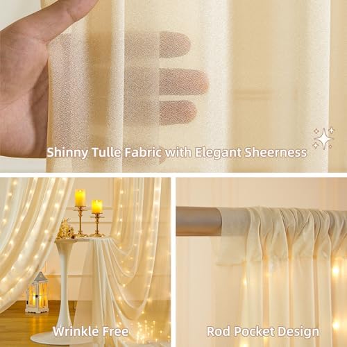 10x10FT Champagne Wrinkle Free Backdrop Curtains with Lights String for Parties - Photo Curtain Backdrop with, alternate view