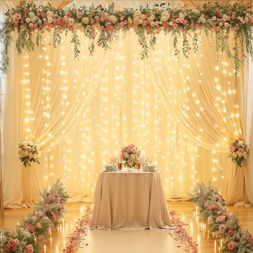 10x10FT Champagne Wrinkle Free Backdrop Curtains with Lights String for Parties - Photo Curtain Backdrop with, alternate view