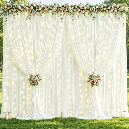 10x10ft Cream White Backdrop Curtains with Lights String for Parties in 5'(W) x 10'(H), 2 panels in Cream White