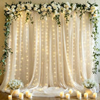 10x10ft Cream White Tulle Backdrop Curtains with Lights String for Parties, Wrinkle Free Sheer Curtain Wedding
