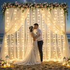 10x10ft Cream White Tulle Backdrop Curtains with Lights String for Parties, Wrinkle Free Sheer Curtain Wedding, alternate