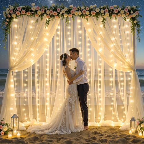 10x10ft Cream White Tulle Backdrop Curtains with Lights String for Parties, Wrinkle Free Sheer Curtain Wedding, alternate