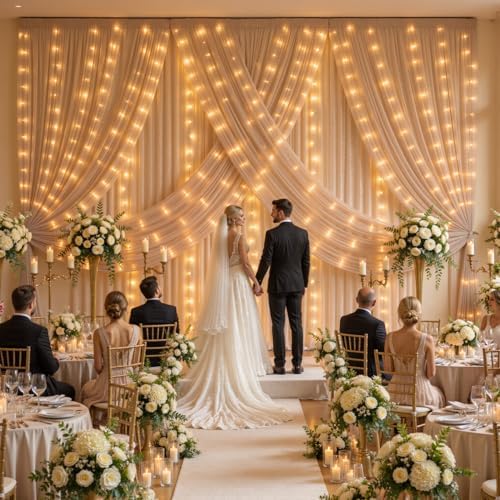 10x10ft Dark Champagne Tulle Backdrop Curtains with Lights String for Parties, Wrinkle Free Sheer Curtain, alternate view 7