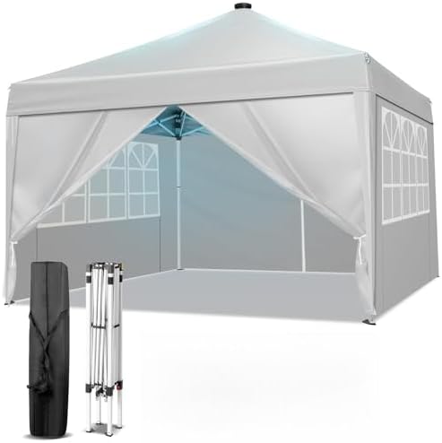 10x10ft Ez Pop Up Canopy with 4 SideWalls & Meteor LED Lights White in 10x10ft