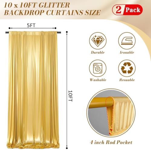10x10FT Gold Backdrop Curtain for Parties Sequin Backdrop Curtain in 5ft x 10ft(2 panels) in Gold, alternate view 2