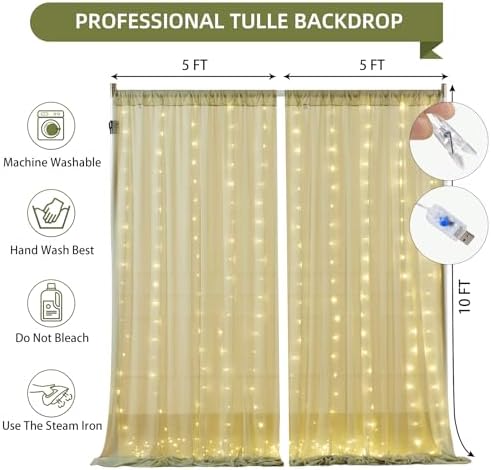 10x10FT Green Wrinkle Free Backdrop Curtains with Lights String for Parties - Photo Curtain Backdrop with Lights, alternate