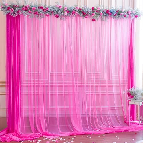 10x10ft Hot Pink Tulle Backdrop Curtain for Parites, Sheer Backdrop Curtains for Wedding Baby Shower Birthday