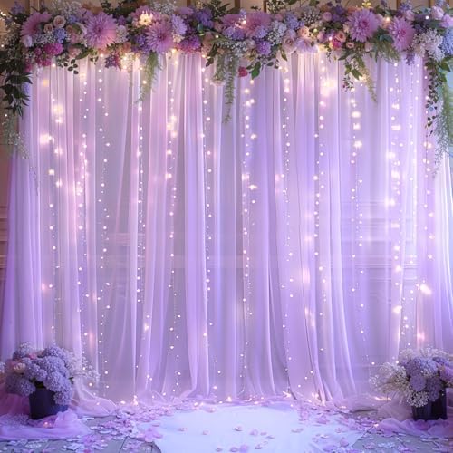 10x10ft Lavender Chiffon Backdrop Curtain with Lights String for Wedding Sheer Tulle Curtain Photo Backdrops