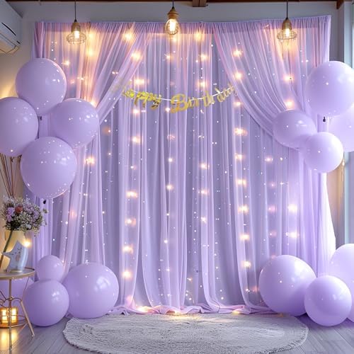 10x10ft Lavender Chiffon Backdrop Curtain with Lights String for Wedding Sheer Tulle Curtain Photo Backdrops, alternate view