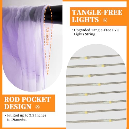 10x10ft Lavender Tulle Backdrop Curtain with Fairy Lights, Wrinkle-Free Sheer Wedding Backdrop for Birthday, alternate view 6