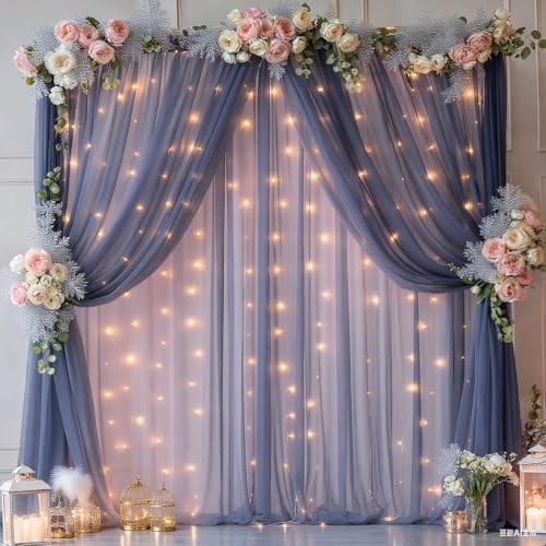 10x10ft Navy Blue Tulle Backdrop Curtain with Lights String for Parites, Sheer Photo Backdrop Curtains with, alternate view 3