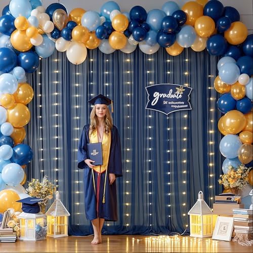 10x10ft Navy Blue Tulle Backdrop Curtain with Lights String for Parites, Sheer Photo Backdrop Curtains with, alternate view 5