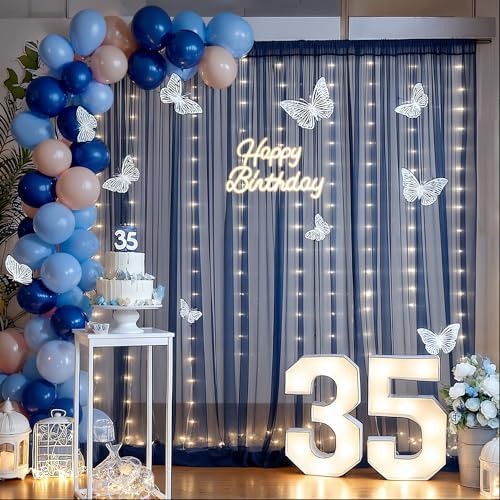 10x10ft Navy Blue Tulle Backdrop Curtain with Lights String for Parties, Sheer Photo Backdrop Drapes for Wedding, alternate