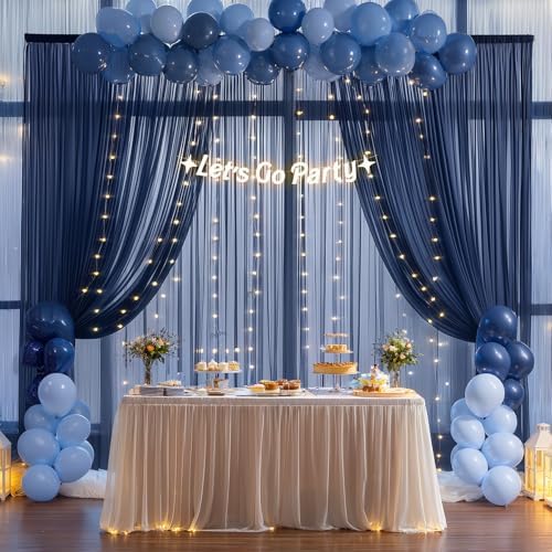 10x10ft Navy Blue Tulle Backdrop Curtain with Lights String for Parties, Sheer Photo Backdrop Drapes for Wedding, alternate