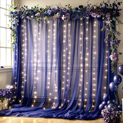 10x10FT Navy Blue Wrinkle Free Backdrop Curtains with Lights String for Parties - Photo Curtain Backdrop with