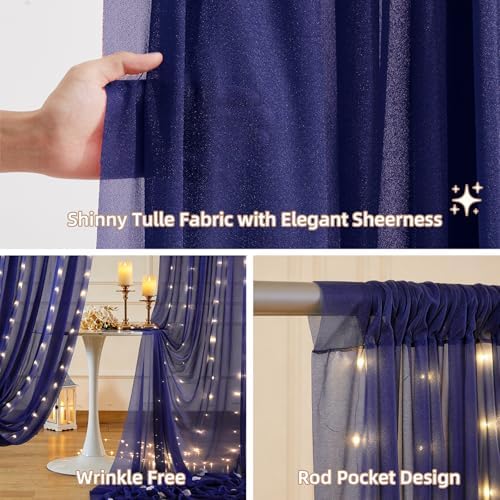 10x10FT Navy Blue Wrinkle Free Backdrop Curtains with Lights String for Parties - Photo Curtain Backdrop with, alternate view