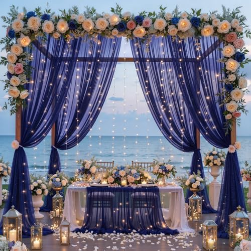 10x10FT Navy Blue Wrinkle Free Backdrop Curtains with Lights String for Parties - Photo Curtain Backdrop with, alternate view