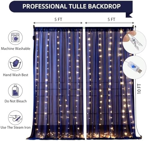 10x10FT Navy Blue Wrinkle Free Backdrop Curtains with Lights String for Parties - Photo Curtain Backdrop with, alternate view