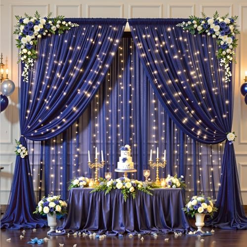 10x10FT Navy Blue Wrinkle Free Backdrop Curtains with Lights String for Parties - Photo Curtain Backdrop with, alternate view