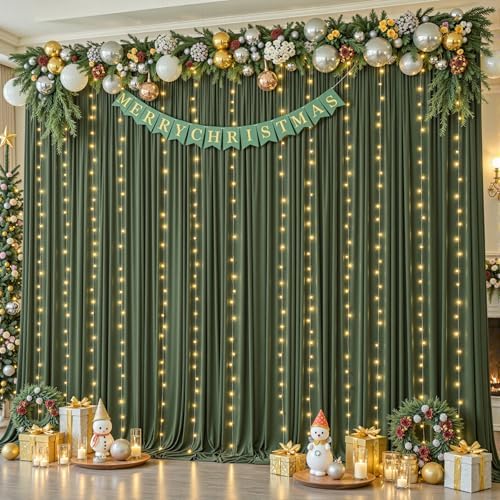 10x10ft Olive Green Backdrop Curtains with Lights String for Parties in 5'(W) x 10'(H), 2 panels in Olive Green