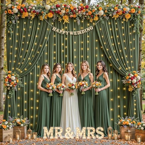10x10ft Olive Green Backdrop Curtains with Lights String for Parties in 5'(W) x 10'(H), 2 panels in Olive Green, alternate