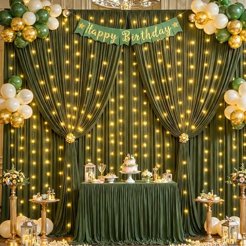 10x10ft Olive Green Backdrop Curtains with Lights String for Parties in 5'(W) x 10'(H), 2 panels in Olive Green, alternate