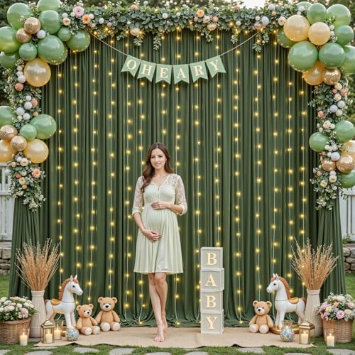 10x10ft Olive Green Backdrop Curtains with Lights String for Parties in 5'(W) x 10'(H), 2 panels in Olive Green, alternate