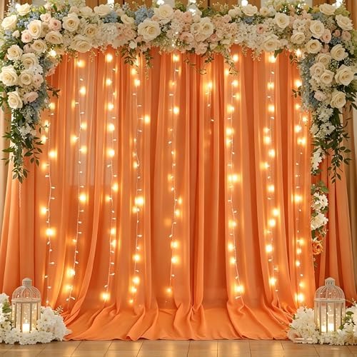 10x10ft Orange Chiffon Backdrop Curtain with Lights String for Wedding Sheer Tulle Curtain Photo Backdrops