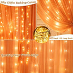 10x10ft Orange Chiffon Backdrop Curtain with Lights String for Wedding Sheer Tulle Curtain Photo Backdrops, alternate view 2