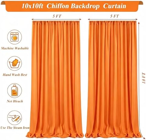 10x10ft Orange Chiffon Backdrop Curtain with Lights String for Wedding Sheer Tulle Curtain Photo Backdrops, alternate view 5