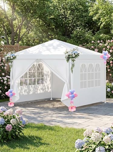 10x10FT Party Tent with 4 Sidewalls, Lightweight Single-Use Canopy, White - [Not Wind-Resistant, Please Consider
