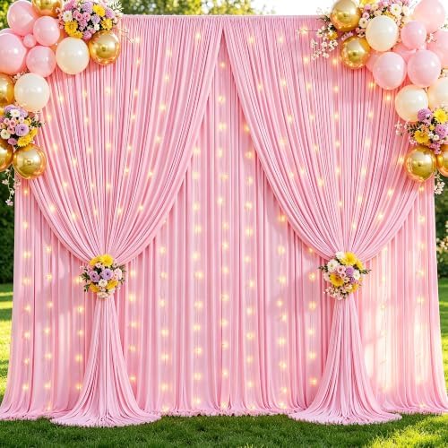 10x10ft Pink Backdrop Curtains with Lights String for Parties, 2 Panels in 5'(W) x 10'(H), 2 panels in Pink