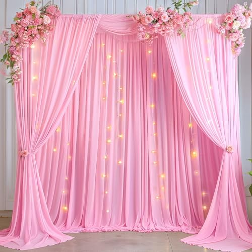 10x10ft Pink Backdrop Curtains with Lights String for Parties, 2 Panels in 5'(W) x 10'(H), 2 panels in Pink, alternate view 2