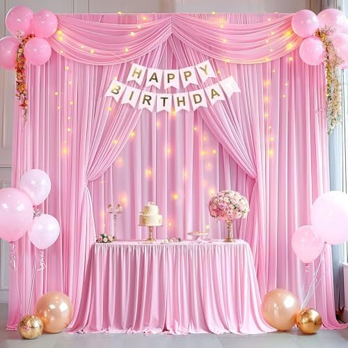 10x10ft Pink Backdrop Curtains with Lights String for Parties, 2 Panels in 5'(W) x 10'(H), 2 panels in Pink, alternate view 3
