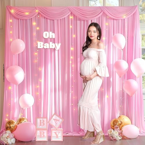 10x10ft Pink Backdrop Curtains with Lights String for Parties, 2 Panels in 5'(W) x 10'(H), 2 panels in Pink, alternate view 6