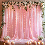 10x10ft Pink Backdrop Curtains with Lights String for Parties, Wrinkle Free Sheer Tulle Curtain Wedding Photo
