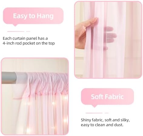 10x10ft Pink Backdrop Curtains with Lights String for Parties, Wrinkle Free Sheer Tulle Curtain Wedding Photo, alternate view