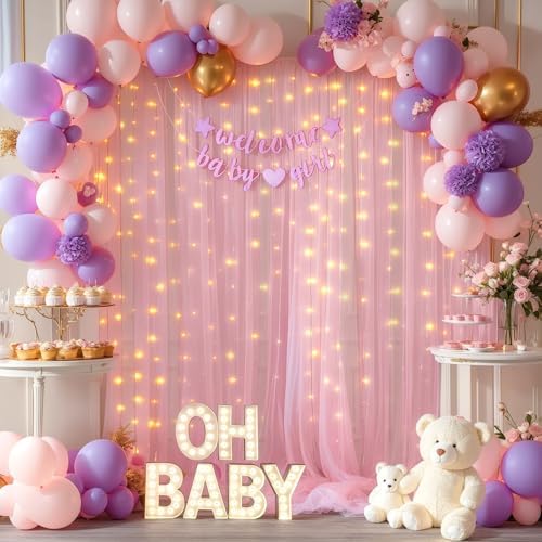 10x10ft Pink Backdrop Curtains with Lights String for Parties, Wrinkle Free Sheer Tulle Curtain Wedding Photo, alternate view