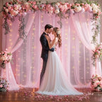 10x10ft Pink Backdrop Curtains with Lights String for Parties, Wrinkle Free Sheer Tulle Curtain Wedding Photo, alternate view