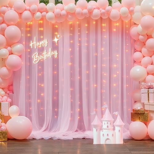10x10ft Pink Backdrop Curtains with Lights String for Parties, Wrinkle Free Sheer Tulle Curtain Wedding Photo, alternate view