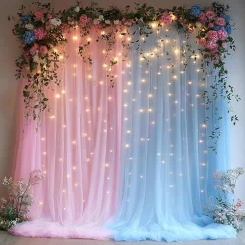 10x10ft Pink Blue Tulle Backdrop Curtain with String Lights, Wrinkle-Free Sheer Wedding Backdrop for Birthday