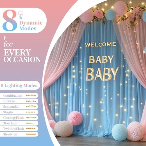 10x10ft Pink Blue Tulle Backdrop Curtain with String Lights, Wrinkle-Free Sheer Wedding Backdrop for Birthday, alternate view