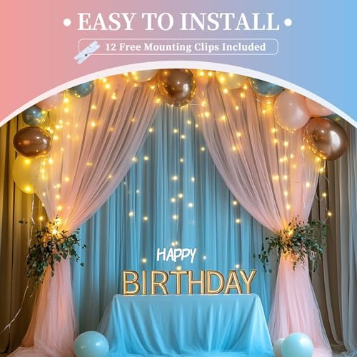 10x10ft Pink Blue Tulle Backdrop Curtain with String Lights, Wrinkle-Free Sheer Wedding Backdrop for Birthday, alternate view