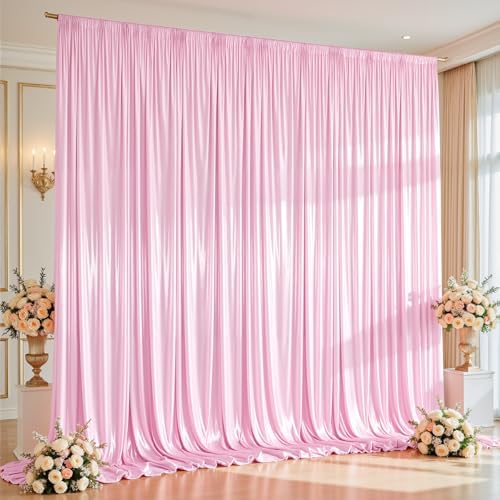 10x10ft Pink Glitter Backdrop Curtain for Parties, Wrinkle Free Satin Photo Backdrop Drapes 2 Panels 5x10FT