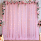 10x10ft Pink Tulle Backdrop Curtain with Lights String for Parites, Sheer Backdrop Drapes for Baby Shower