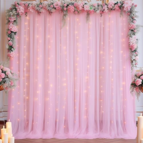 10x10ft Pink Tulle Backdrop Curtain with Lights String for Parites, Sheer Backdrop Drapes for Baby Shower