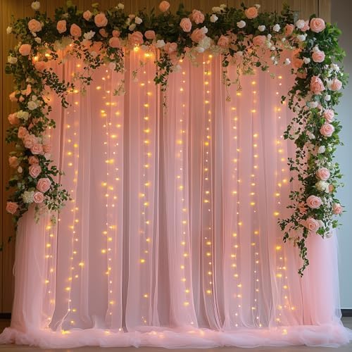 10x10ft Pink Tulle Backdrop Curtain with String Lights, Wrinkle-Free Sheer Wedding Backdrop for Birthday