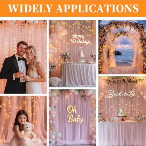 10x10ft Pink Tulle Backdrop Curtain with String Lights, Wrinkle-Free Sheer Wedding Backdrop for Birthday, alternate view 2